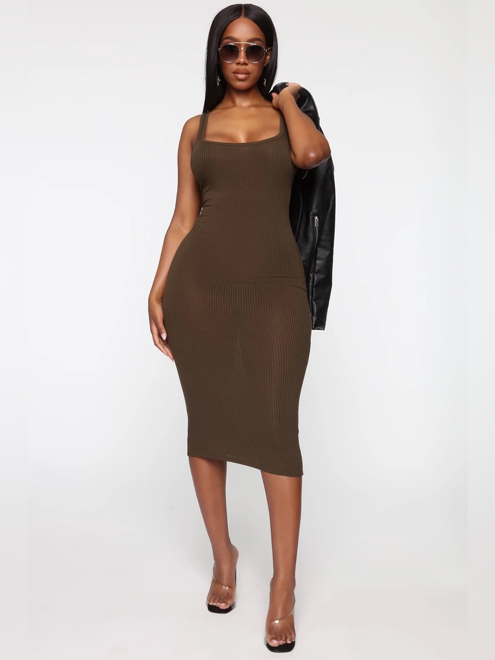 Fashion Nova Olive Ribbed Tank Midi Dress